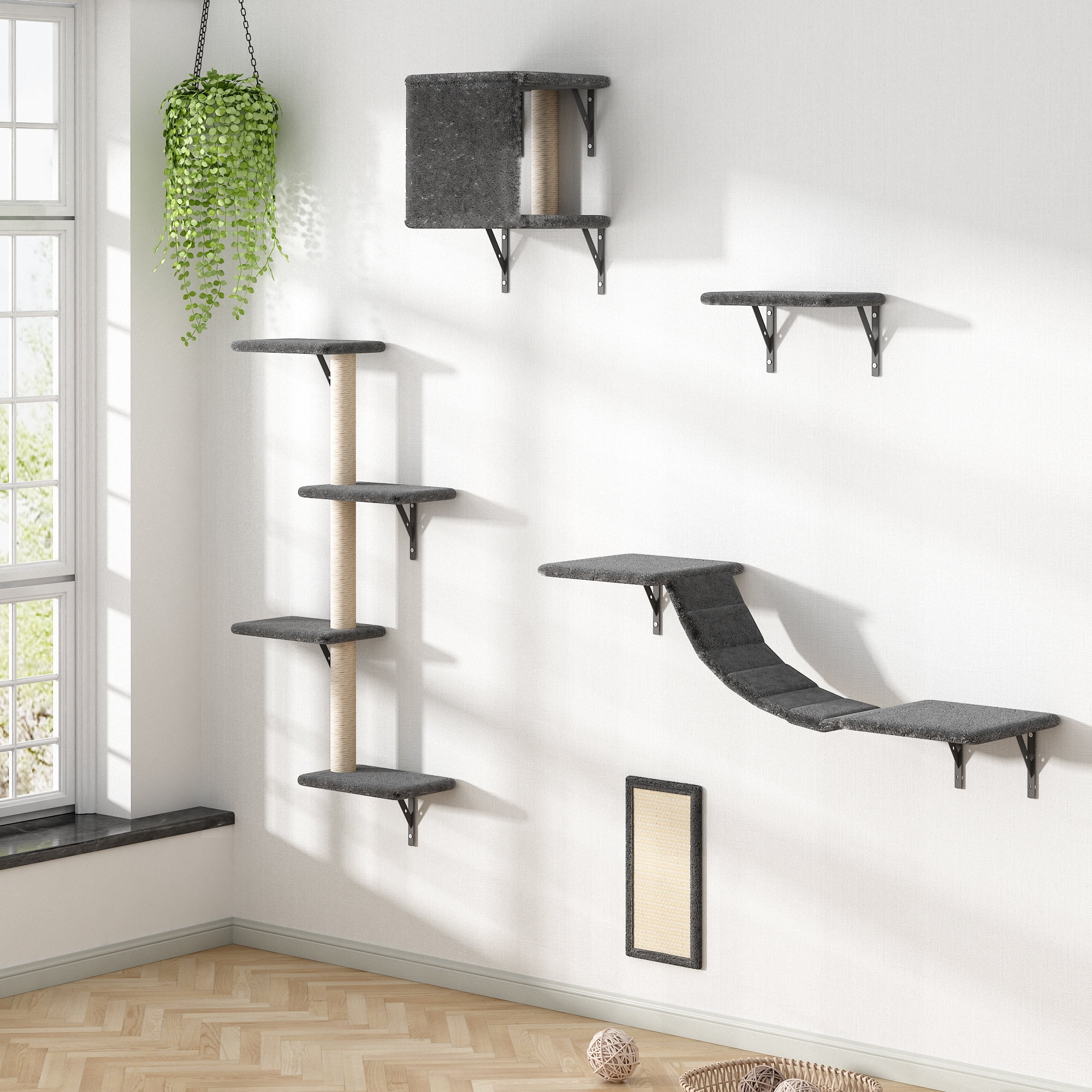 COZIWOW Wall Mounted Cat Furniture, Cat Wall Shelves and Perches, Floating Cat Shelves for Wall Set of 5, Grey