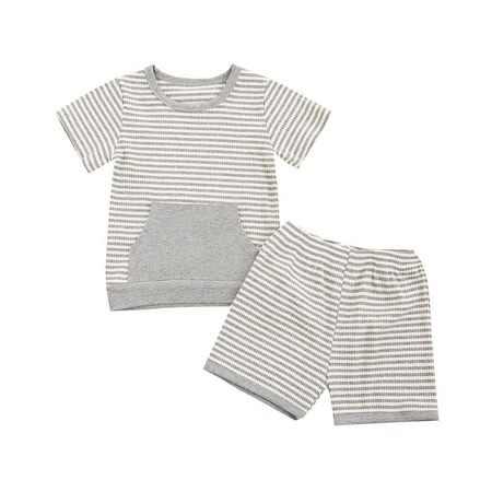 

Fesfesfes Toddler Baby Stripe Short-sleeved Pullover Shorts Pocket Solid Color Suit