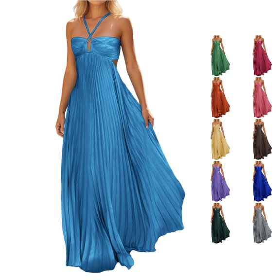 XIAONU Womens Solid Maxi Dress Halter Strap Cutout Pleated Flowy Formal Evening Sundress