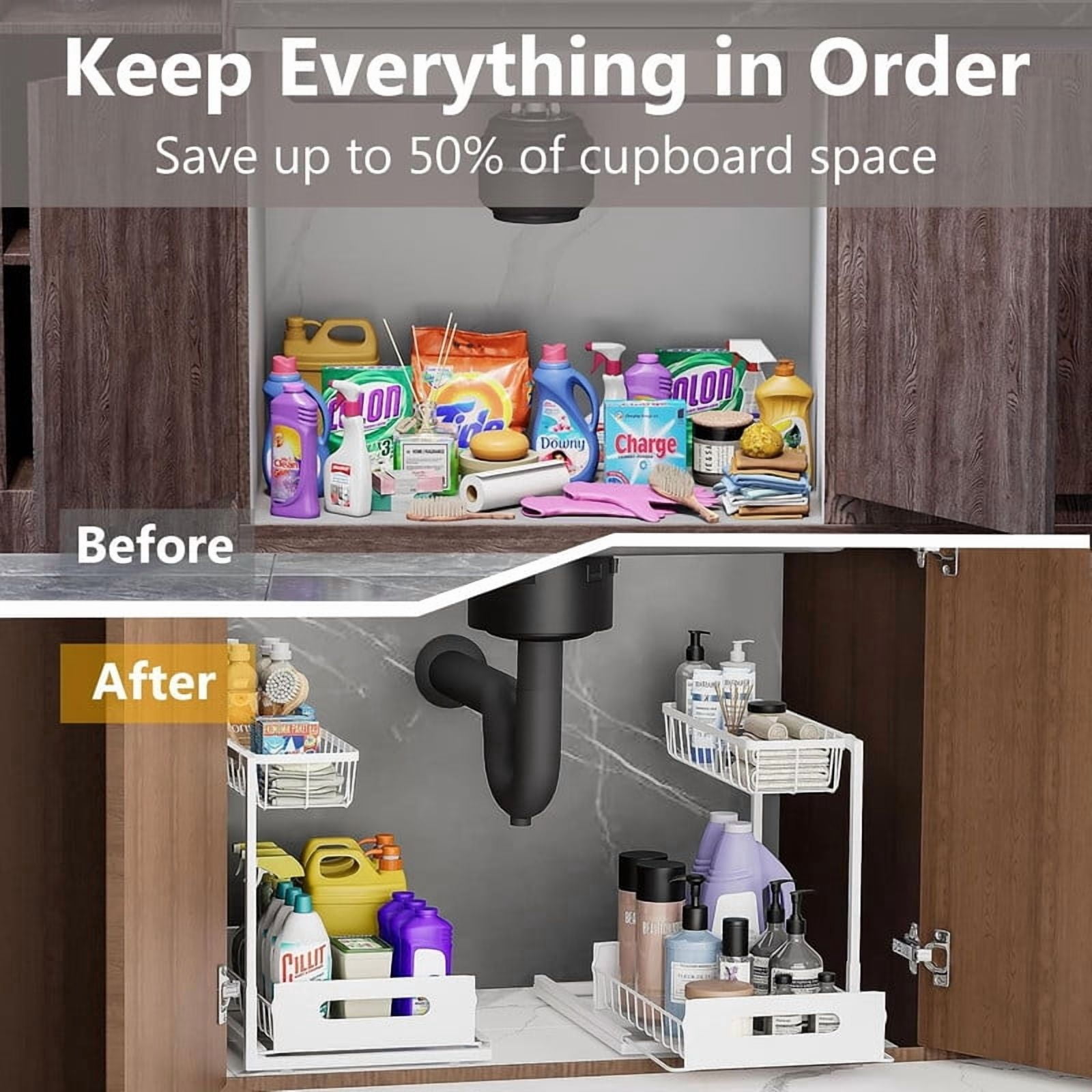 2-Tier L-Shape Under Sink Organizer, Slide Out Metal Kitchen & Bathroom Storage Rack, Kitchen Cabinet Organizer, 1 Pack