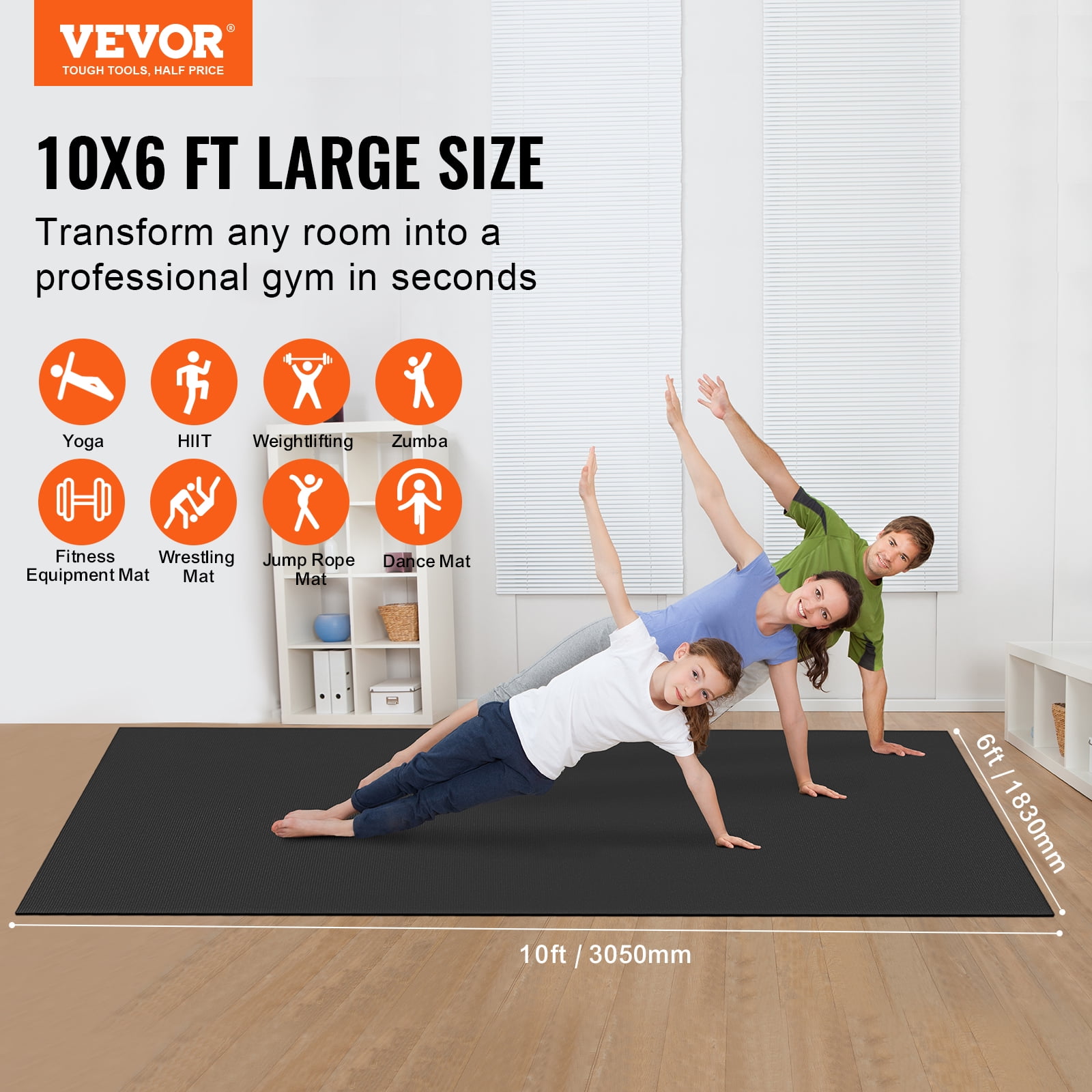 VEVOR Exercise Mat, Non Slip High Density Premium Yoga Mat, Exercise Yoga Mat for Men Women, Fitness & Exercise Mat with Bag & Carry Strap, for All Types of Home Yoga, Floor Workout (10x6ft)