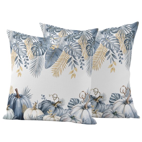 Blue White Pumpkin Outdoor Waterproof Pillow Covers, Fall Thanksgiving Tropical Botanical Decorative Square Throw Pillowcase Sofa Cushion Sham for Patio/Couch/Chair, 16"x16" 2 Pack