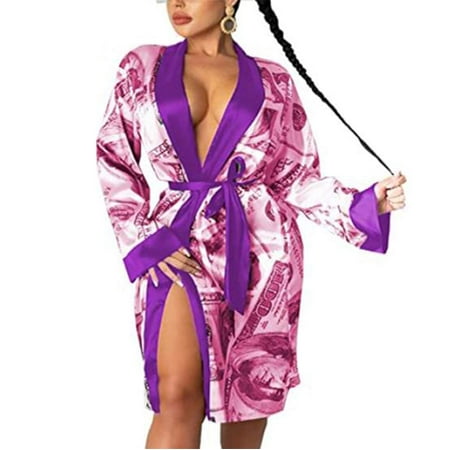 

Women Satin Dollar Printed Pajamas Kimono Long Robes Lingerie Gown V Neck Wedding Nightdress Sleepwear