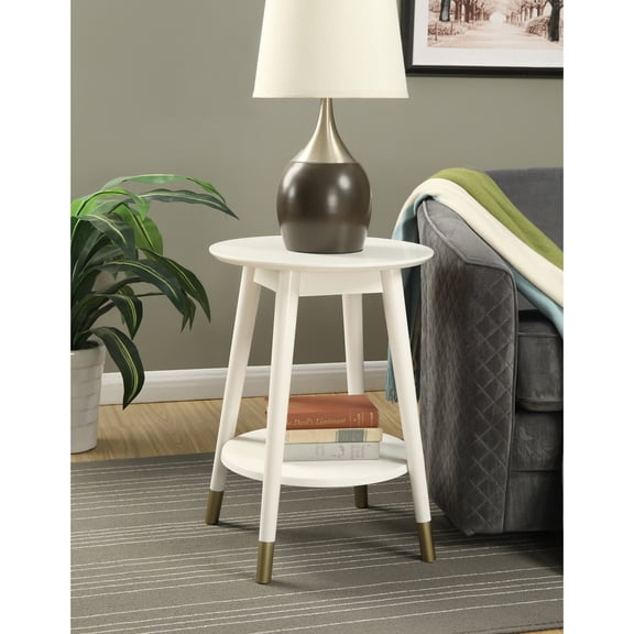 HomeStock Natural Beauty Mid-Century Round End Table with Bottom Shelf, Solid Rubberwood Construction with Gold-Tipped Tapered Legs for Stylish Living Rooms, 17.75 Inch Diameter