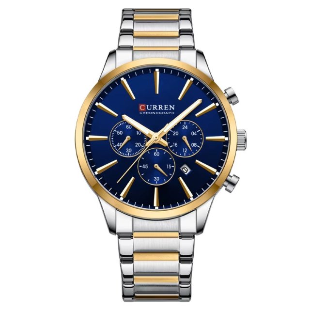 curren reloj kred7302 hombre plateado reloj Curren para hombre con caja redonda plateada y bisel dorado, esfera azul con tres subesferas cronógrafo, marcadores y manecillas doradas, ventana de fecha entre las 4 y 5, brazalete metálico bicolor plata y dorado, vista frontal.