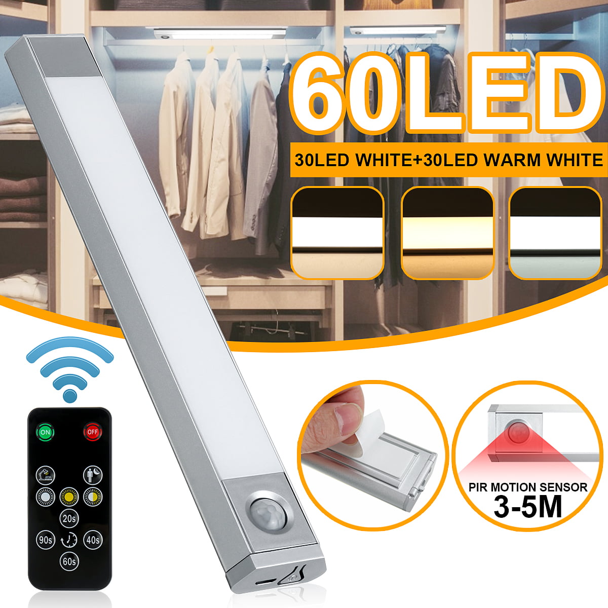 60 LED Night Light  Wireless PIR Motion Sensor USB Rechargeable for Workstation 