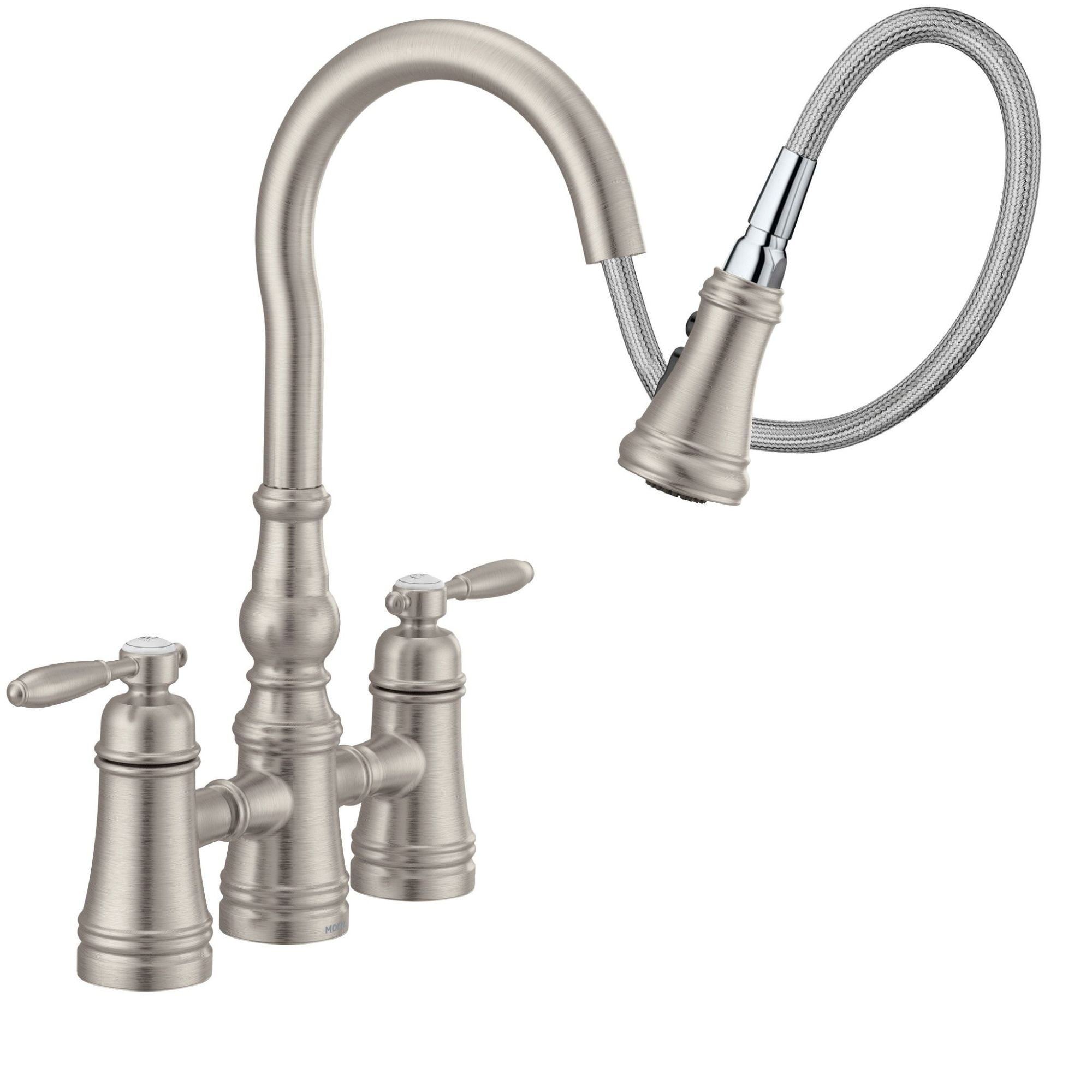 Moen S73204NL Weymouth Two Handle Pulldown Kitchen Faucet, Polished Nickel