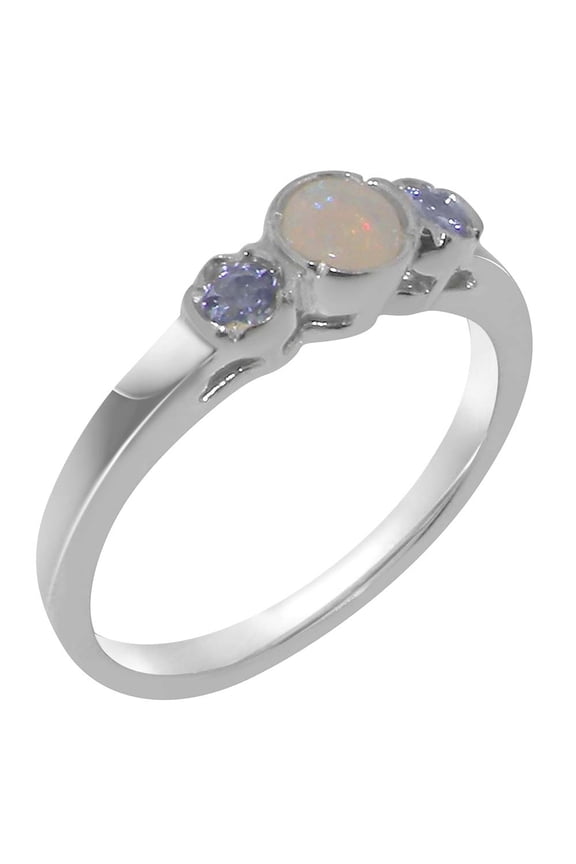 LBG British Made Traditional Solid 18k White Gold Ring with Natural Opal & Tanzanite Womens Promise Ring - 33 size options - Size 4.25