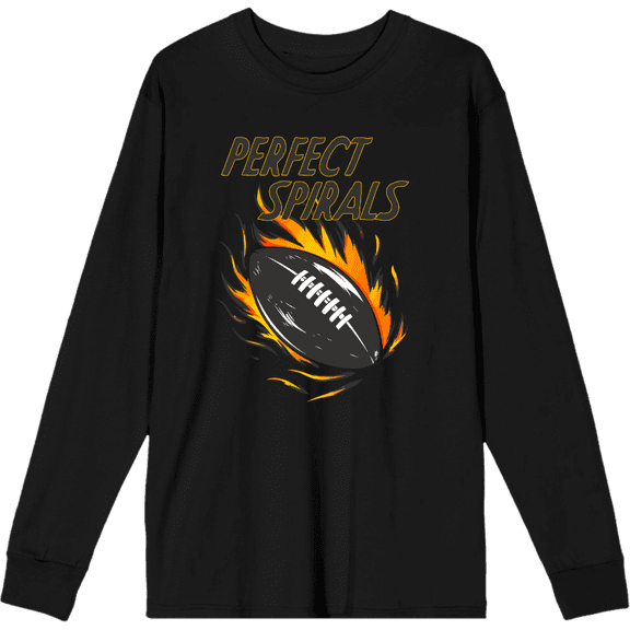 Perfect Spirals Flaming Football Adult Black Crew Neck Long Sleeve Shirt-Medium