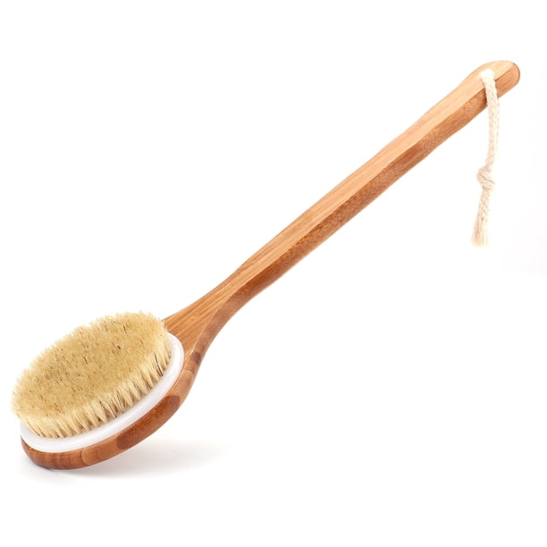 Cepillo de ducha con cerdas naturales - Cepillo corporal de baño con mango largo de bambú para cepillado húmedo o seco - Mejora la circulación sanguínea exfoliante de la piel