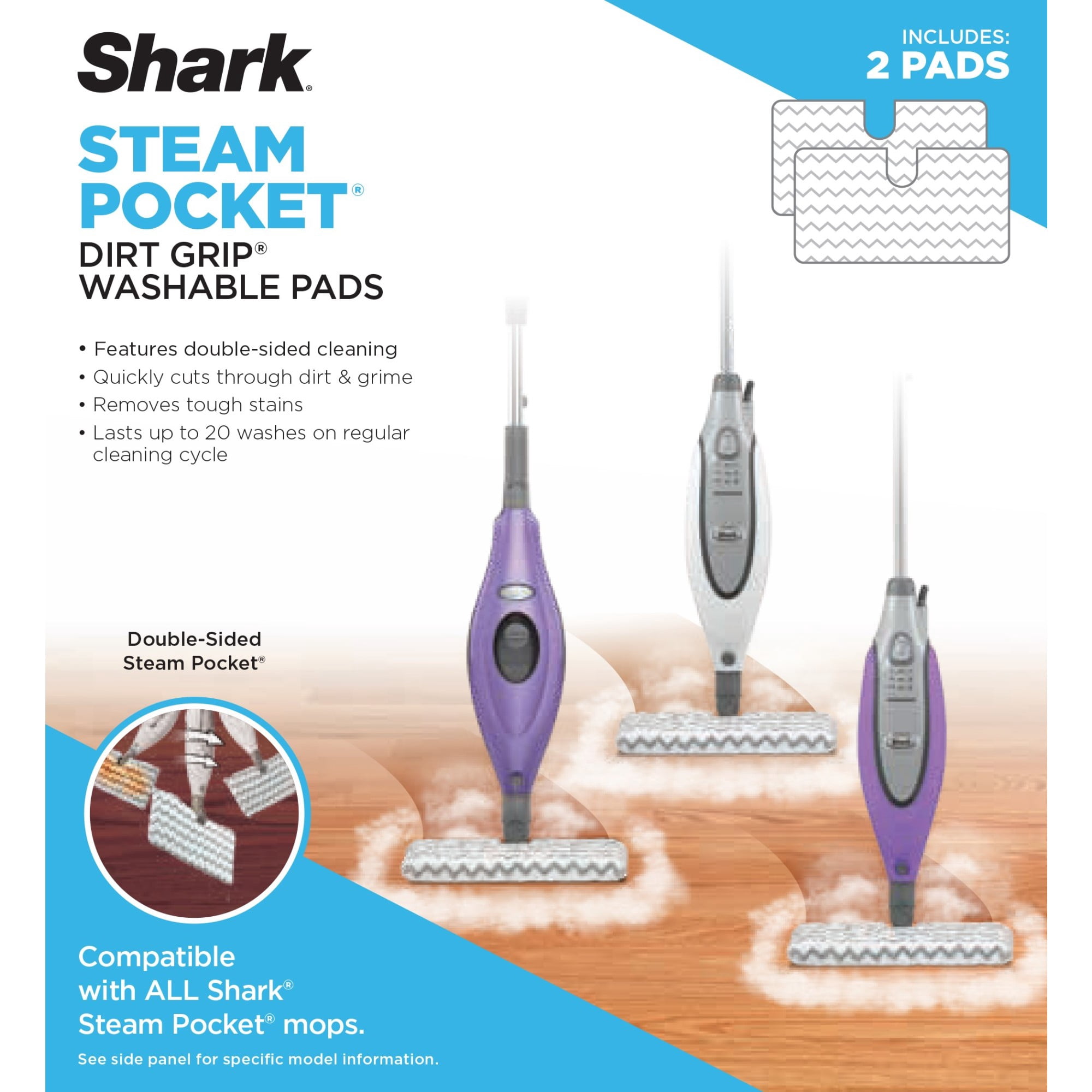 Shark Washable Steam Pocket Pads, Sealed Hard Floors, Double-Sided Cleaning, Premium Microfiber Dirt Grip, XT3601