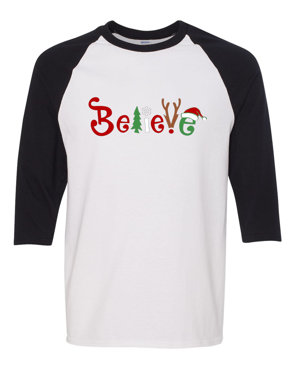 Christmas Believe Shirt Cute Santas Hat Graphic Tee 3/4 Sleeve Raglan Christmas Shirts Tops for Women
