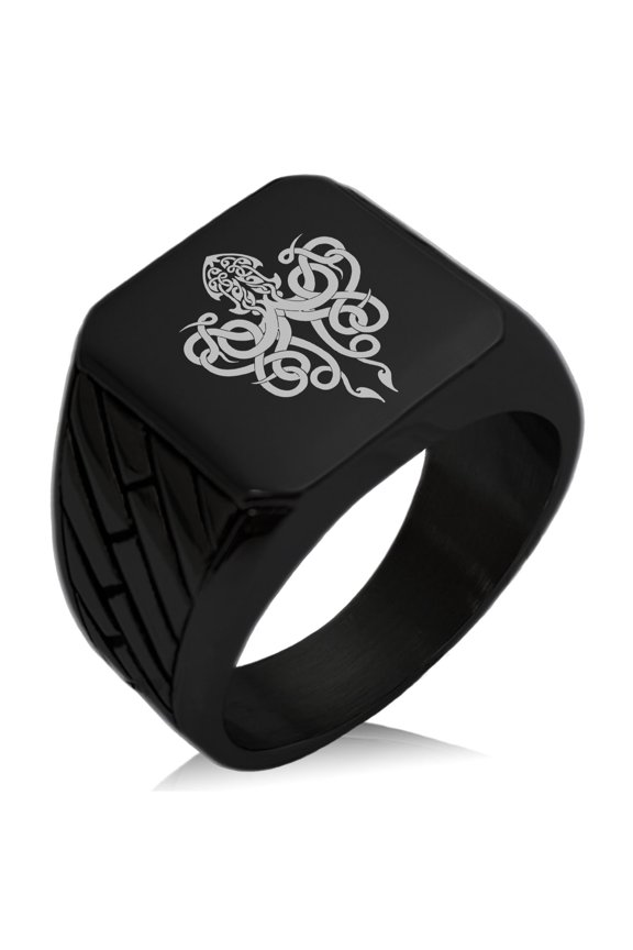 Stainless Steel Tribal Kraken Geometric Pattern Biker Style Polished Ring