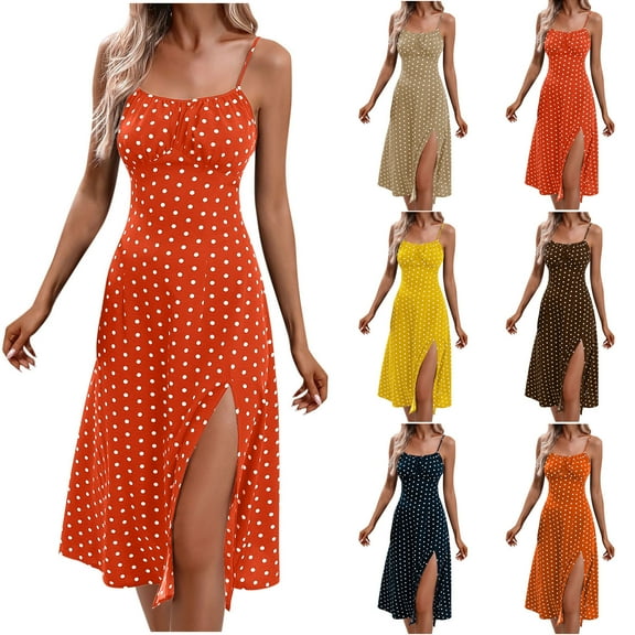 Umbreon Yellow Summer Dresses for Women Sleeve Less Cre W Neck Spaghetti Strap Midi Dress Split Printed Casual Versatile Beach Vacation Long Dresses