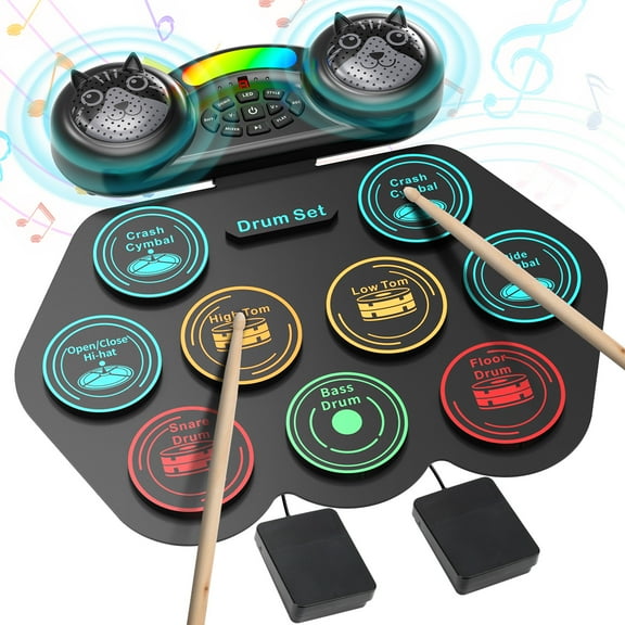 Ficcug Electronic Drum Set for Kids Adults,9 Pads Portable MIDI Roll-up Drum Kit with Dual Speakers / Headset Jack / Drumsticks / Foot Pedals,for Beginners