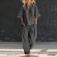 thumbnail image 3 of ibuvkizy Linen Sets for Women 2 Piece Summer Short Sleeve V Neck Button Shirts and Palazzo Pants Set with Pockets Casual Outfit, 3 of 8