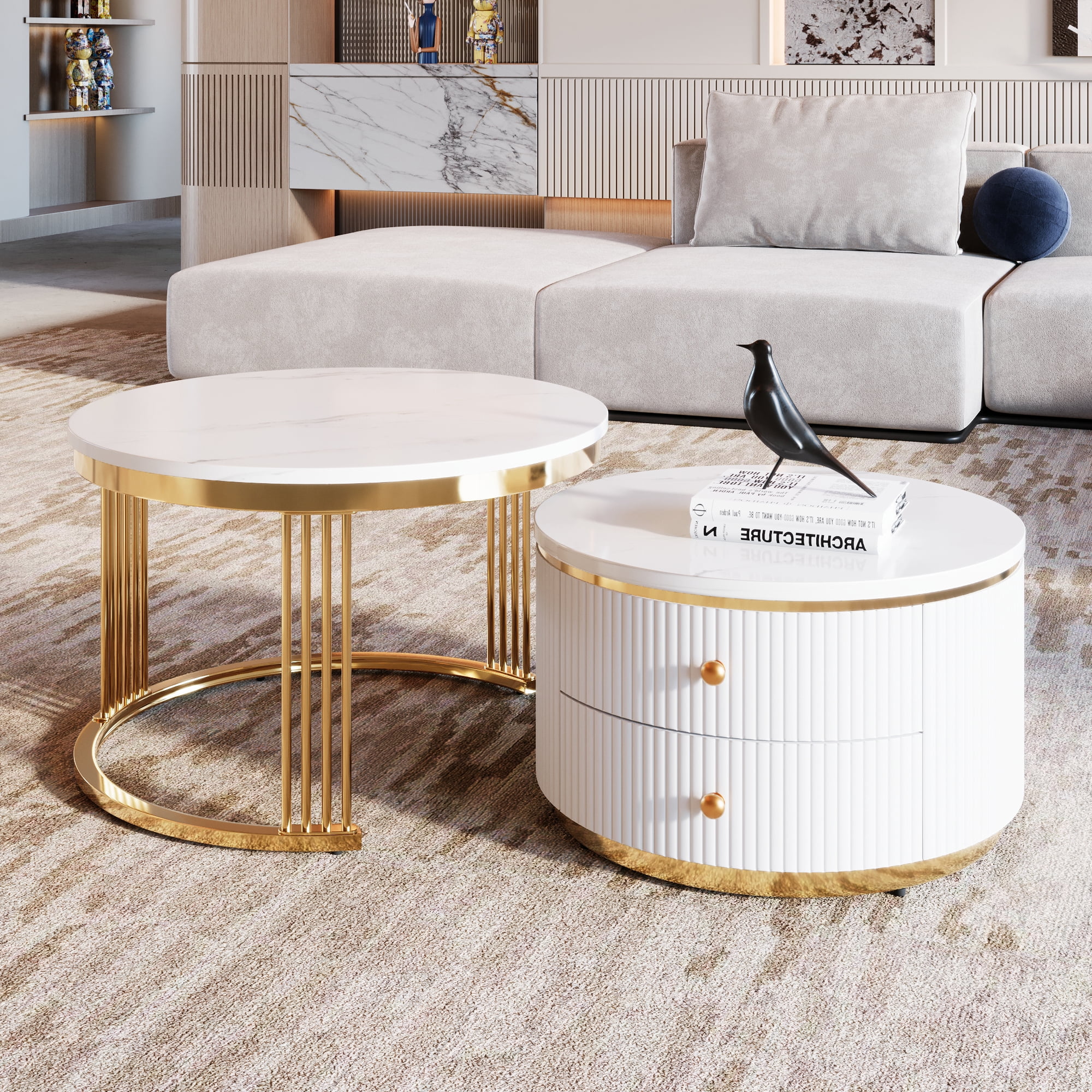 Euroco Modern 2 Pieces White Round Nesting Coffee Table with Drawers in 27.6''