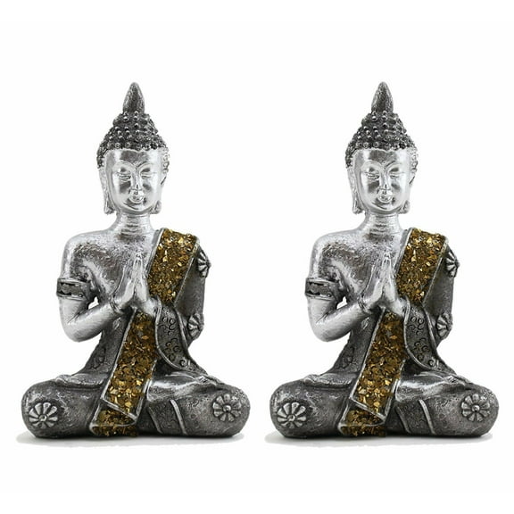 pair of feng shui 4" thai earth touching meditating silver buddha statues