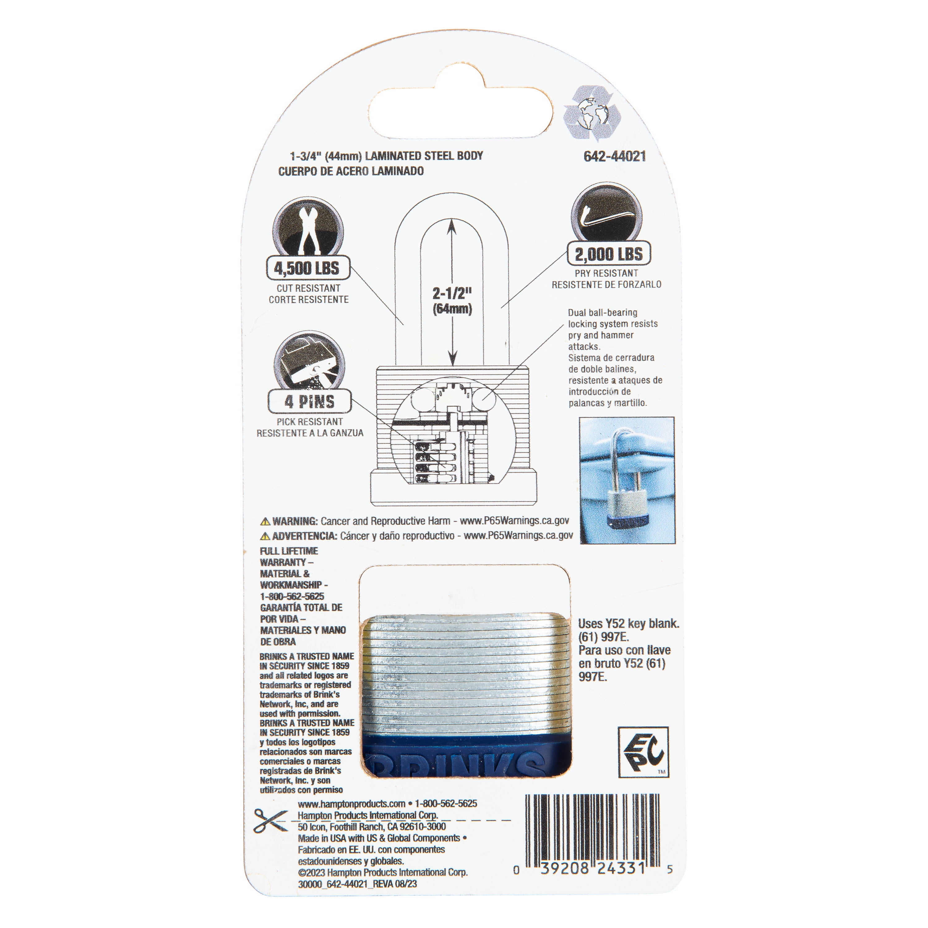 (6 pack) Brinks 44mm Laminated Steel Padlock with 2.5in Shackle