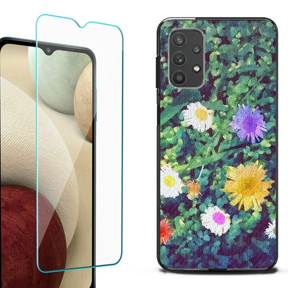 Slim-Fit Flexible TPU Gel Phone Case (black) for Samsung Galaxy A32 5G, with Tempered Glass Screen Protector, by OneToughShield ® - Daisy Paint