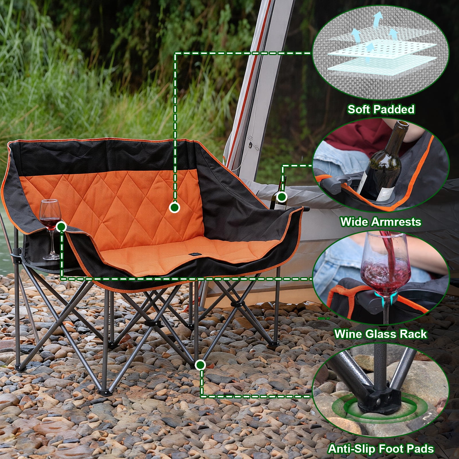 SUNSPIRE Oversized Camping Chair 2 Person Loveseat Heavy Duty Folding Outdoor Couch 750 lbs Padded Double Duo Sofa with Cup Holders Orange