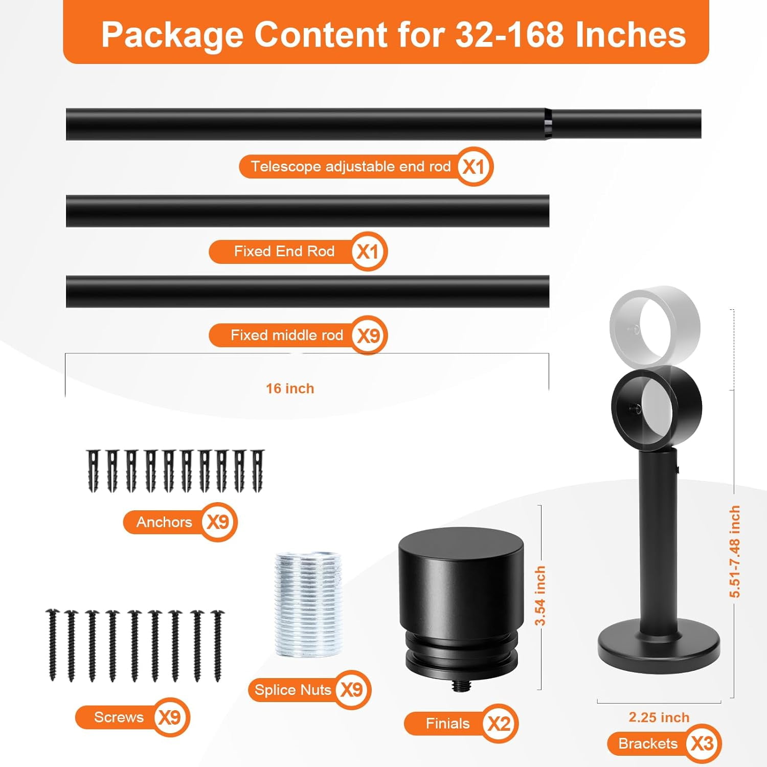 120 to 170 Inch Long Curtain Rods (10ft-14ft), 1" Diameter Thick Adjustable Black Decorative Curtain Rod for Windows - Heavy Duty Improved Adjustable Metal Brackets, for Sliding Glass Doors