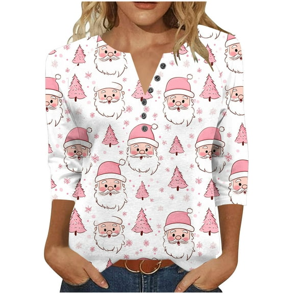 Fashion Fall Saving LiMoi Women's Three Quarter Sleeve V Neck Top for Festive Season with Unique Santa Print Casual Tees Tshirts Shirts Blouse My Items