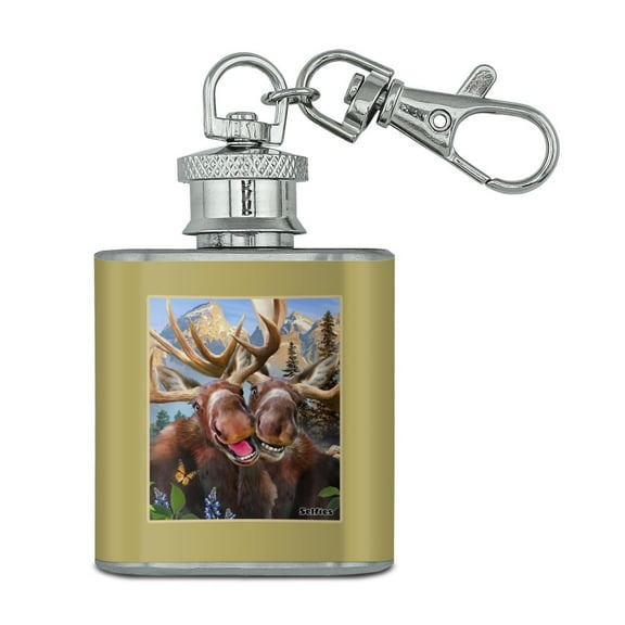Moose Selfie Stainless Steel 1oz Mini Flask Key Chain