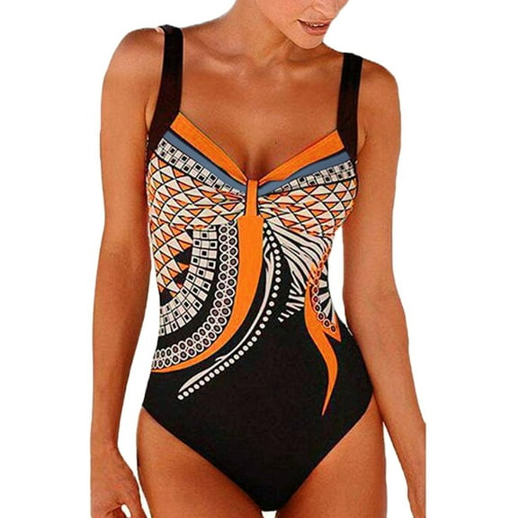 Orange High Waisted Swimsuits For Women, Polyester Swim Pants For Women, Women Swimsuits Tummy Control, Women Summer Backless Sexy Print Swimwear Beachwear Siamese Swimsuit Bikini Set