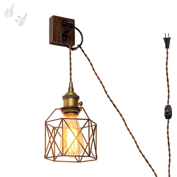 Kiven Industrial wall lamp with 8.2FT UL Plug in Cord, Vintage Dimmable Wall Lamp, Wooden Corner Light for Bathroom Kitchen Bedroom Wall Decor, Copper Red(1 Pack)