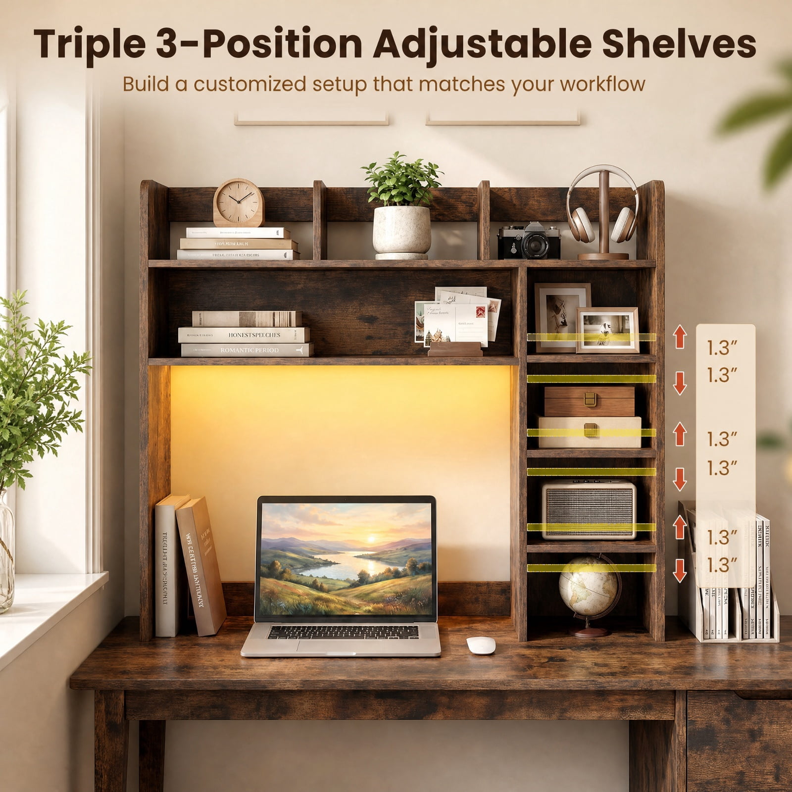 Furnibear Desktop Bookshelf with LED Lights 35.5 Inch Desk Hutch Storage Organizer with Adjustable Shelves and Remote, Rustic Brown