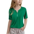 thumbnail image 2 of HAOTAGS Girls Short Sleeve V-neck Button Tee Tops（3-14 Years） Casual Solid Color Summer T-shirts Green Size 7 Years, 2 of 5
