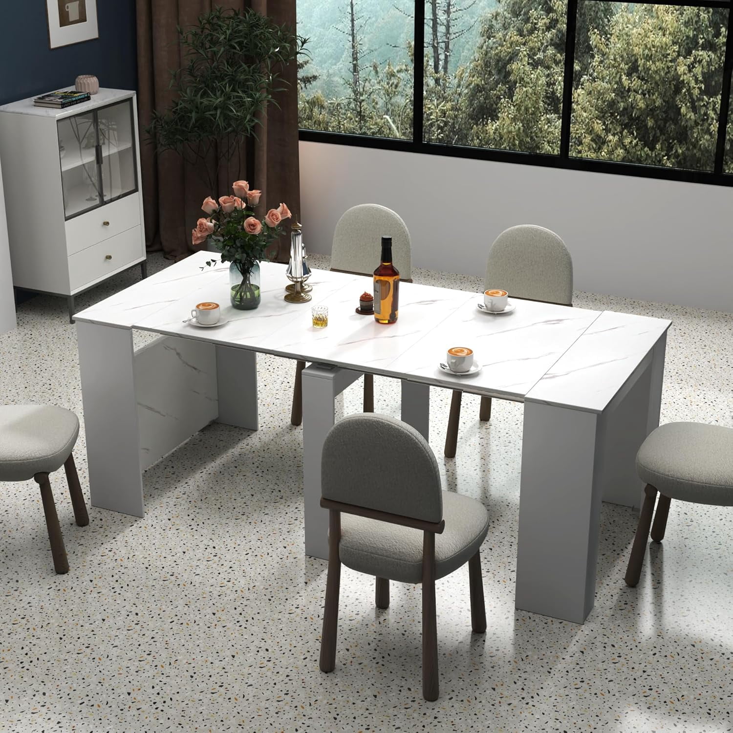 Rustic Wood Extendable Dining Room Table 118.11" Large Expandable Dining Tables for 6 8 10 12 People Industrial Extend Kitchen Table Space Saving for Family Gathering(White Marble)