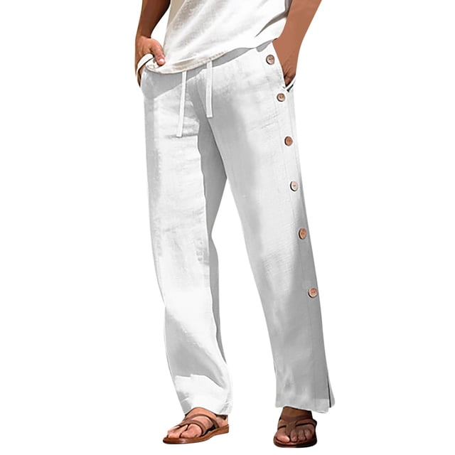 Ceisia Men's Gift Relaxed Straight-Leg Casual Pants Elastic Waist Side Snap Buttons Summer Multi-Color