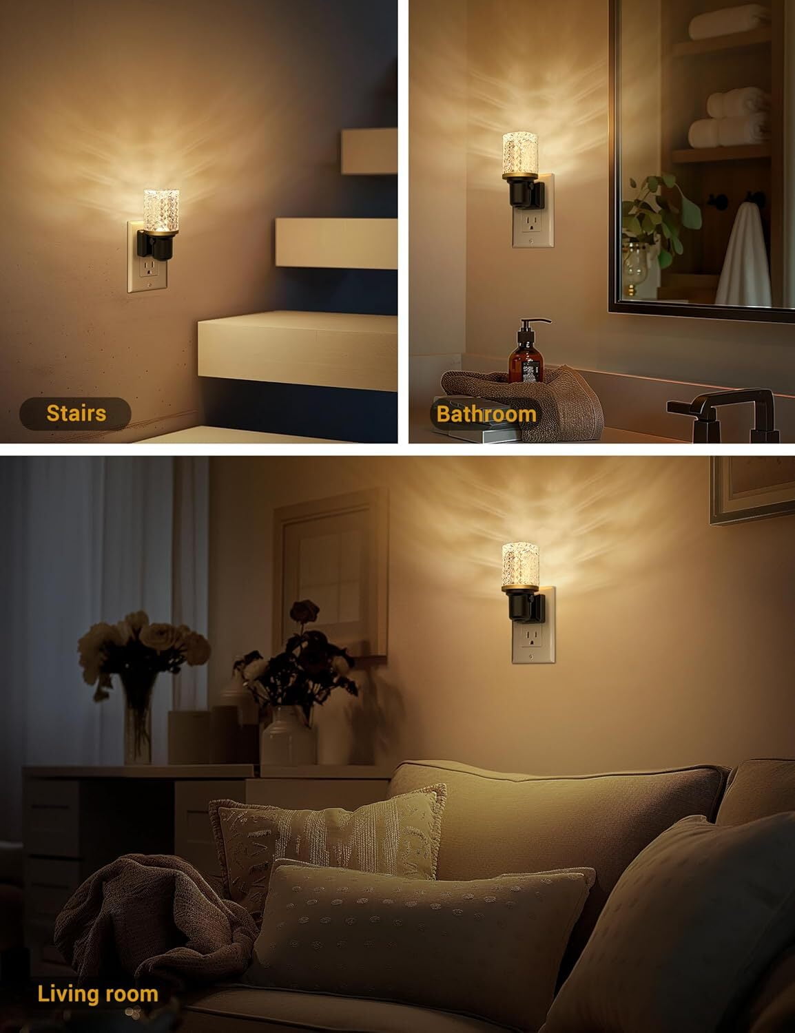 YANSUN Black and Brass Diamond Crystal Column Night Light, Set of 2 Lamps Display, Warm White 3000K Plug-In, Decorative Lighting for Bedroom, Living Room, Kitchen