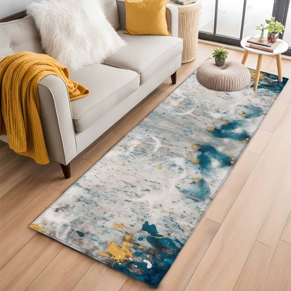 Runner Rug 2 x 6 Ft, Teal Gray Gold Washable Non-Slip Floor Mat for Kitchen Hallway/Entryway, Modern Minimalist Abstract Gradient Art Long Kitchen Runner Area Rugs for Living Room, Low-Profile
