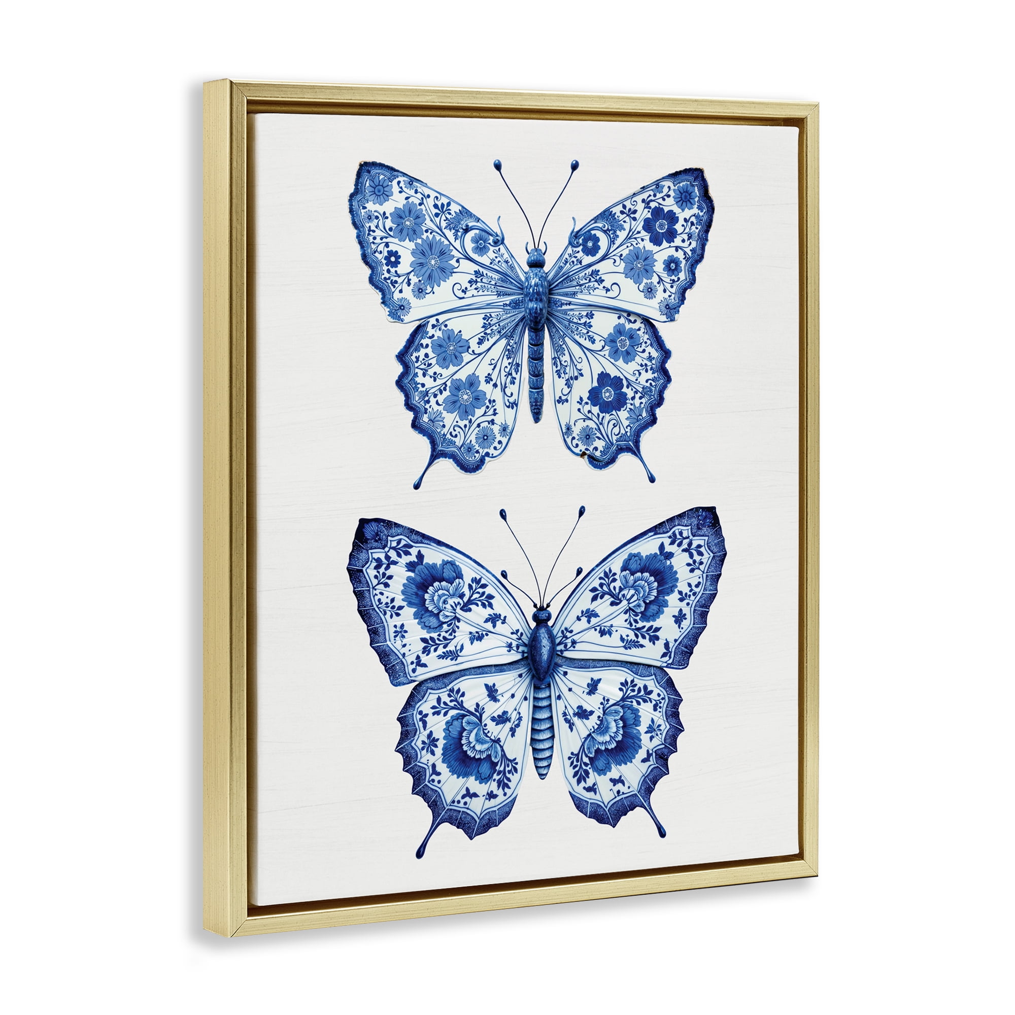 Ornate Toile Pattern Butterflies Gold Framed Floater Canvas Wall Art, design by Lettered and Lined