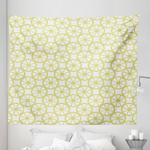 Wheels Tapestry, Bicycle Bike Wheels Abstract Circles in Diagonal Order Modern Image Print, Fabric Wall Hanging Decor for Bedroom Living Room Dorm, 5 Sizes, Yellow and White, by Ambesonne