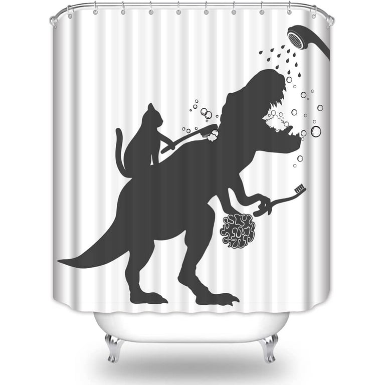 Cat Dinosaur Shower Curtain Funny Cat Help Dino Bathe for Kids Boys Trex  Silhouette Shadow Black White Bathroom Waterproof Polyester Fabric 72Lx72W  Inch with Hooks 