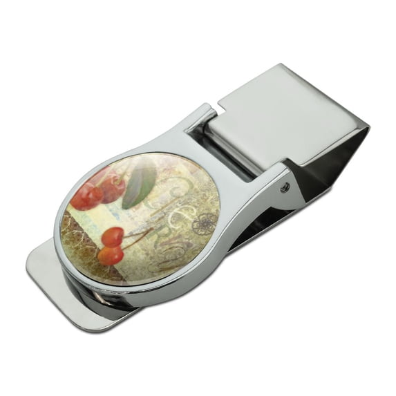 Christmas Holiday Cherry Cherries Red Green Satin Chrome Plated Metal Money Clip
