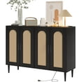 thumbnail image 1 of Modern Black Rattan Sideboard, 4-Door Buffet Cabinet with Power Outlet & Adjustable Shelves, Versatile Storage, 1 of 5