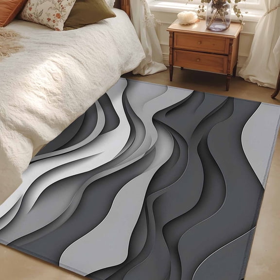 Black Grey Ombre 2.7x5 Area Rugs, Abstract Grey Wave Texture Gradient Non-Skid Rubber Backing Large Rectangle Rugs - Living Room Bedroom Home Office, Indoor Floor Mat Carpets Washable Rug