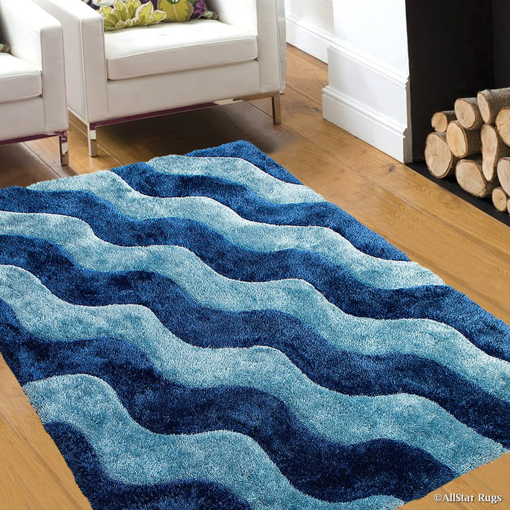 Allstar Blue Shaggy Area Rug with 3D Light Blue Wavy Design. Contemporary Tween Hand Tufted (5