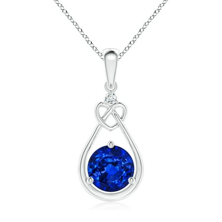ANGARA Lab Grown 1.6 Ct Sapphire Knotted Heart Pendant with Lab Diamond for Women in 14K White Gold (Size-7mm) | Anniversary Jewelry Gift for Women | Lab-Grown Blue Sapphire Necklace