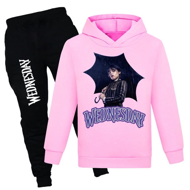 Moonsky Girl/boy Fashion Casual Long Sleeve Wednesday Printed Hooded Sweatshirt Pants Set Hoodies New Logo Fashion Cool Hoodie Men Women Sweatshirts(150#Pink)