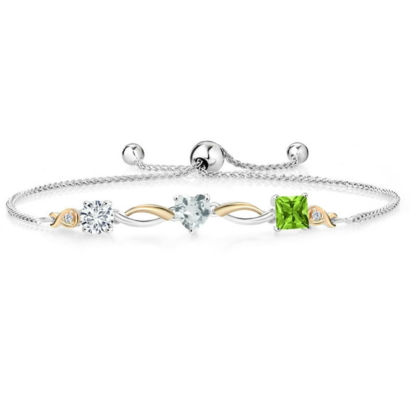 Gem Stone King 925 Silver and 10K Yellow Gold Sky Blue Aquamarine Green Peridot and Lab Grown Diamond Tennis Bracelet for Women By Keren Hanan (1.96 cttw, Adjustable up To 9 inch)
