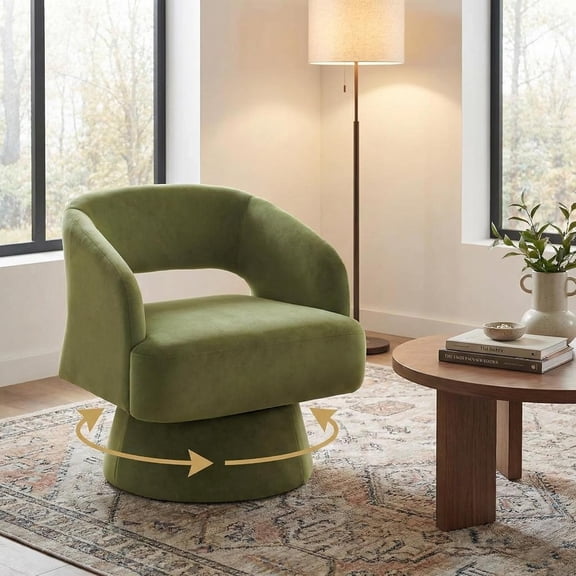 Modern Swivel Barrel Accent Chair, 360° Velvet Upholstered Armchair with Striped Backrest & Plush Padding, Comfy Round Lounge Chair (1, Green Hollowed)
