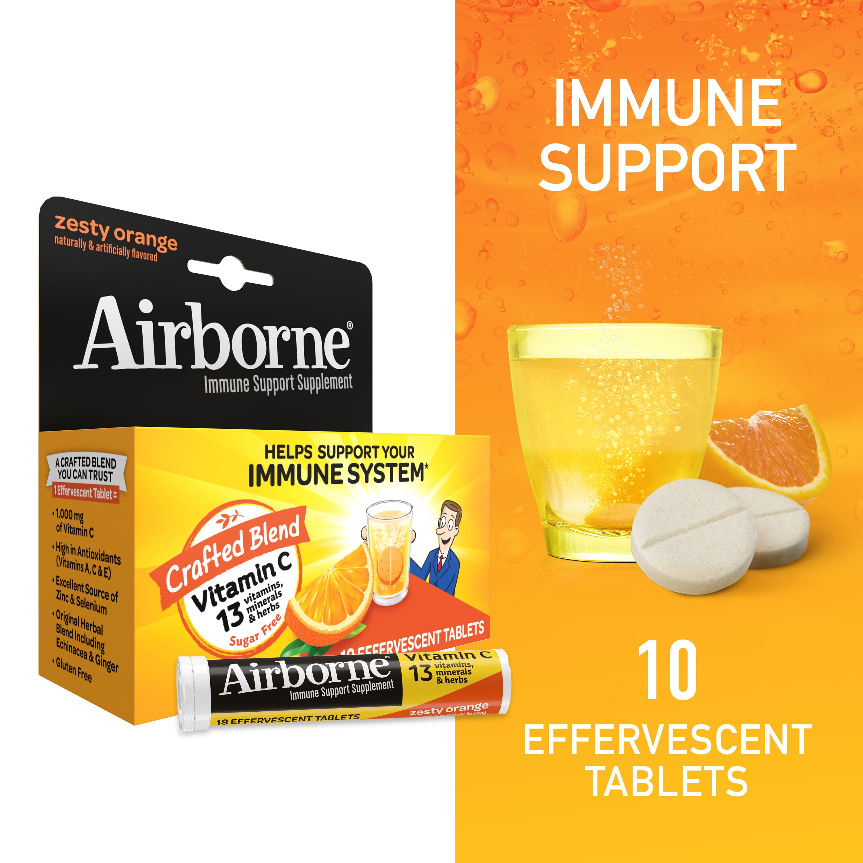 Airborne Zesty Orange Effervescent Tablets, 10 count - 1000mg of Vitamin C - Immune Support Supplement
