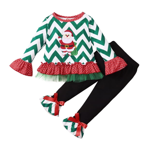 Gibobby Camisa Moda Niños Niños pequeños bebés niñas Otoño Invierno Navidad estampado algodón manga larga volantes Tops pantalones conjunto ropa(Verde, 12-18 Meses)