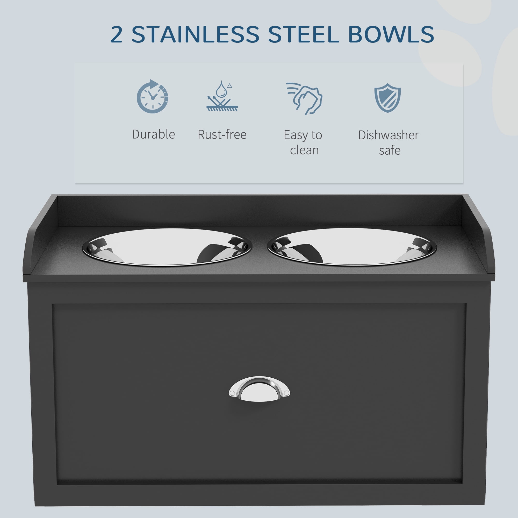 E-Western Dog Feeding Station with Storage Drawer, Large Removable Elevated Stainless Steel Bowls, Pet Organizer, Black